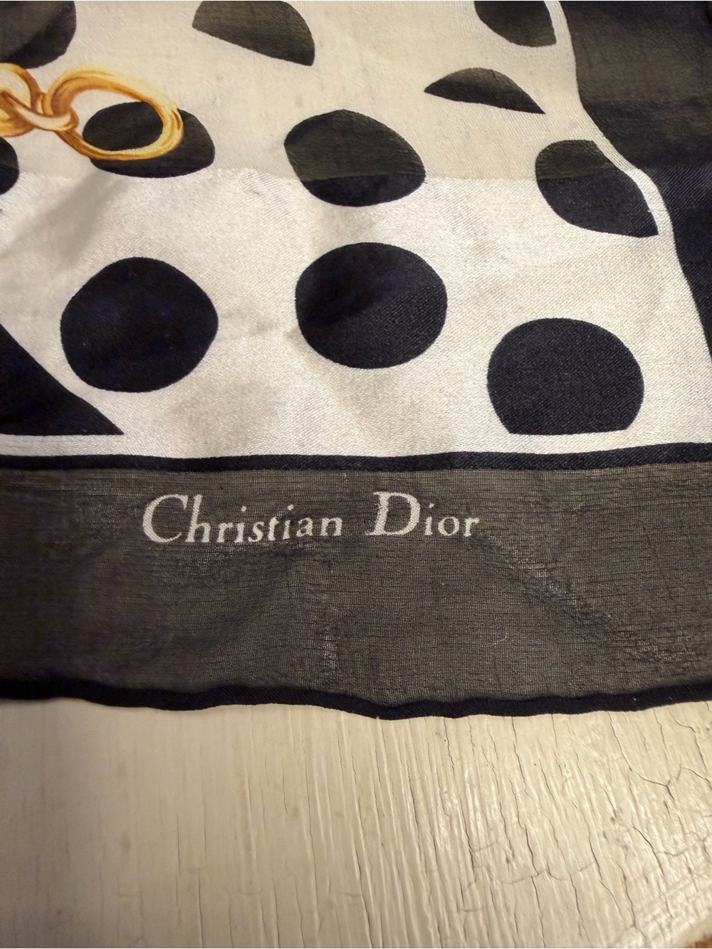 Dior Black & White Polka Dot Silk Scarf with Gold Accent - Picture 3 of 9